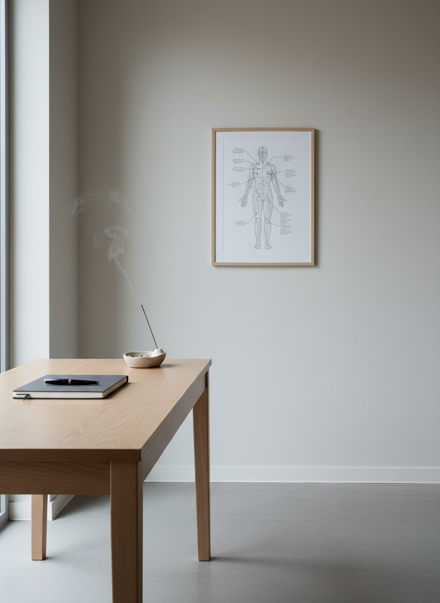 A minimalist consultation corner features a sleek, light oak desk holding a closed charcoal-gray notebook, a fine black pen, and a small sand-colored ceramic incense holder releasing a thin wisp of smoke. Behind the desk, a neutral-toned wall displays a simple, framed diagram of energy lines in the body, rendered in subtle grays. The floor is smooth concrete, clean and uncluttered. Soft, cool daylight from a large side window washes the scene evenly, with barely perceptible shadows. Framed using the rule of thirds at eye level, the photograph has a corporate, structured aesthetic, reflecting a professional Thai Yoga Massage practice that values clarity, precision, and calm communication.