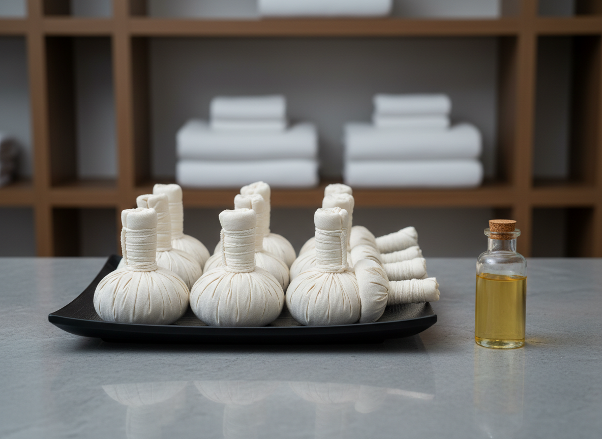 A structured arrangement of traditional Thai herbal compresses rests on a rectangular black lacquer tray atop a smooth stone countertop. The compresses are wrapped in tightly bound ivory cotton, their rounded shapes and twisted handles neatly aligned. Beside them, a small clear glass bottle of golden massage oil stands upright, its label-free surface reflecting the surrounding neutral palette. The background reveals a softly blurred, orderly shelving system with uniformly stacked white towels. Cool, controlled overhead lighting creates crisp but gentle shadows, emphasizing form without drama. Captured from a straight-on, mid-distance angle with sharp focus, the image feels precise, hygienic, and suited to a high-end wellness clinic website.
