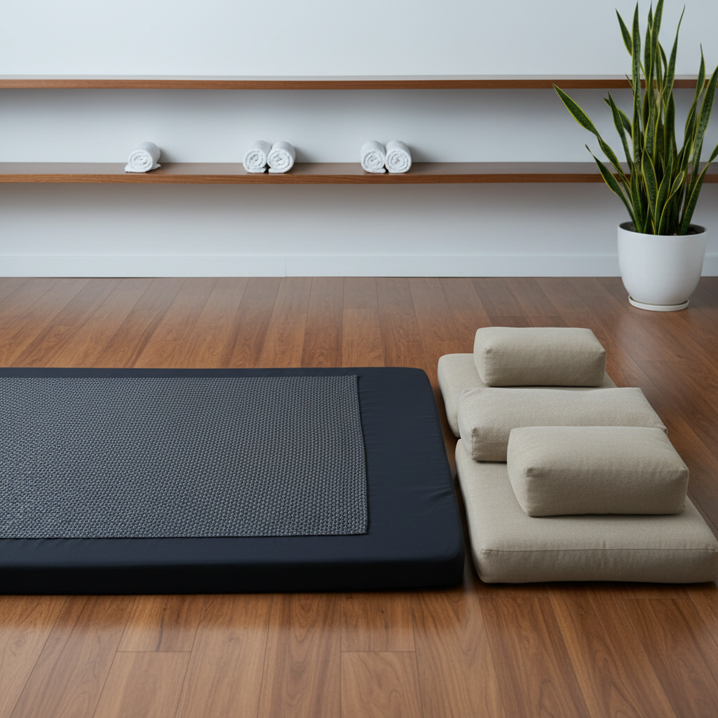 A polished, charcoal-colored massage mat lies perfectly aligned on a warm-toned wooden floor, its textured surface subtly visible. Alongside the mat, a neatly arranged row of neutral-toned cotton bolsters and firm rectangular cushions suggests precise support for Thai Yoga Massage postures. In the background, a simple built-in shelf holds carefully spaced rolled towels and a single green plant in a matte white pot. Cool, even studio lighting illuminates the room, reducing harsh contrasts and reinforcing a clean, clinical professionalism. Captured from a slightly elevated angle with rule-of-thirds framing and moderate depth of field, the composition feels organized, balanced, and ideal for a corporate wellness brochure.