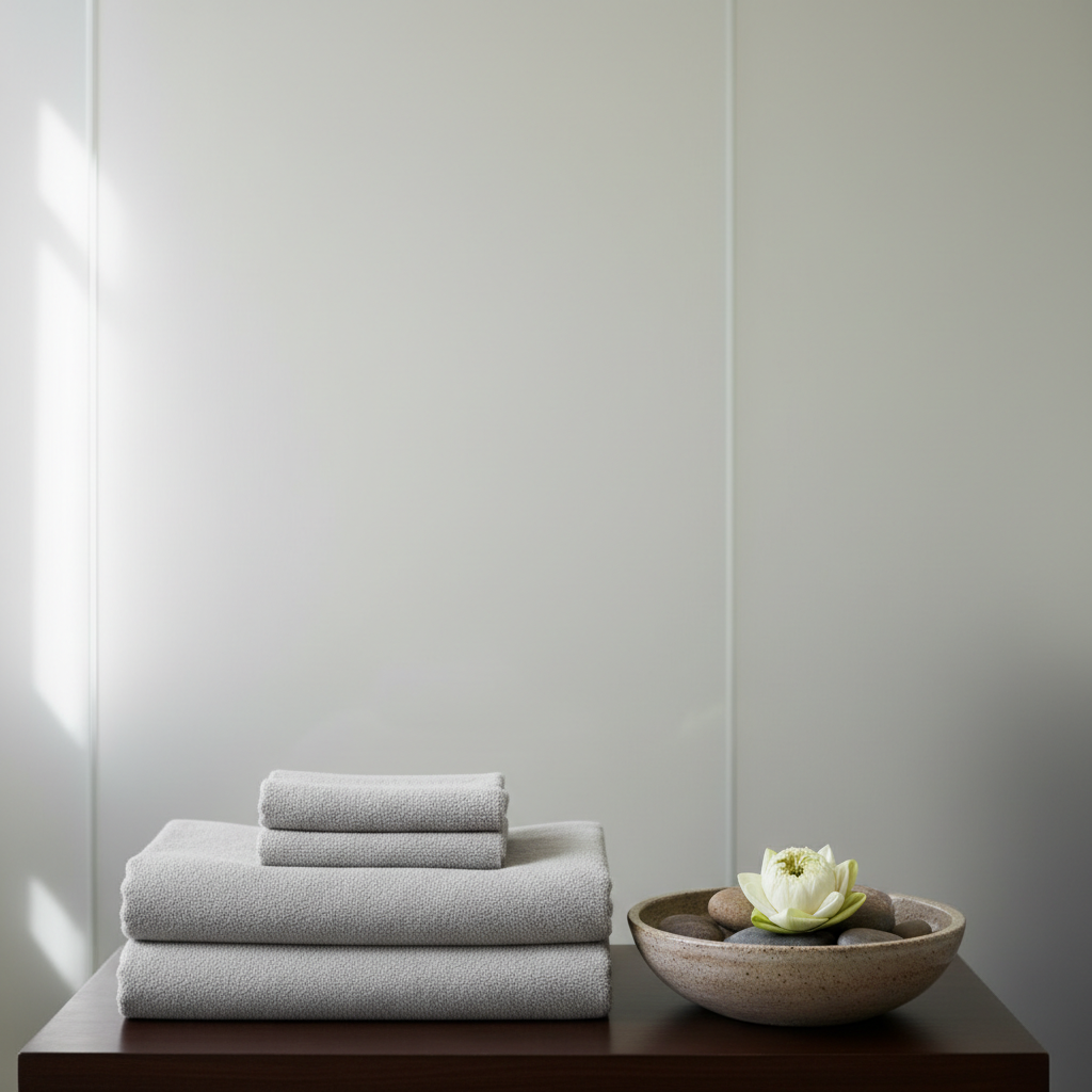 A neatly folded set of light gray linen towels rests on a low, dark wood platform in a minimalist massage studio. A simple ceramic bowl filled with smooth river stones and a single white lotus flower sits nearby, aligned with precision. The backdrop features a matte off-white wall and a frosted glass panel suggesting a separate treatment area. Soft, diffused daylight enters from an unseen side window, creating gentle gradients of light and shadow that emphasize clean lines. Photographed at eye level with a balanced, centered composition and sharp focus, the image feels calm, professional, and structured, embodying a corporate yet serene spa environment in photographic realism.